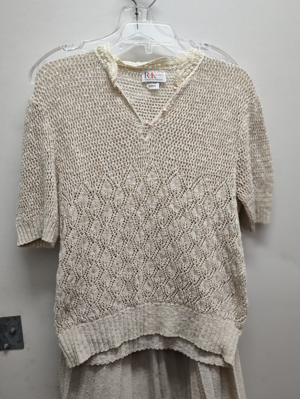 VTG RK Crochet Knit Short Sleeve Top With Pleated Skirt Cream